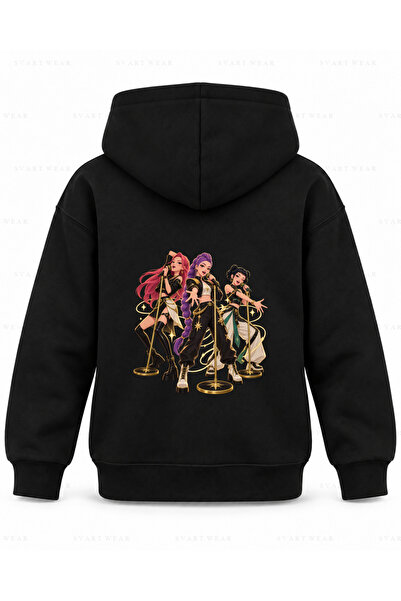 SVART WEAR HUNTR X Μαύρο παιδικό φούτερ με κουκούλα με στάμπα τριών χαρακτήρων
