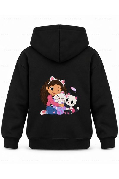 SVART WEAR Детски черен суичър с качулка, мек и пухкав, с щампа, от Куклена к...