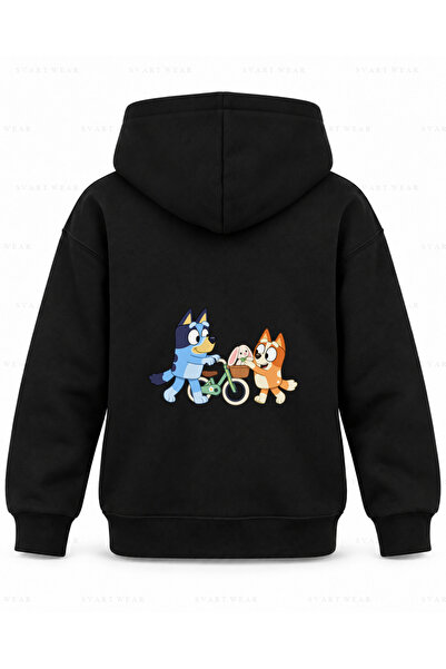 SVART WEAR Bluey Bicycle with Basket Printed Black Children's Hooded Sweatshirt