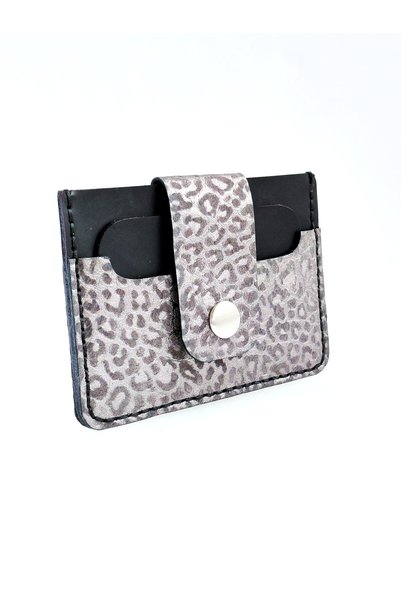 LUNA LUSTER Silver Leopard Patterned Women's Snap-Fastener Leather Card Holder