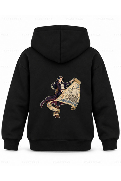 SVART WEAR Детски черен суичър с качулка One Piece Робин с принт на дълъг свитък