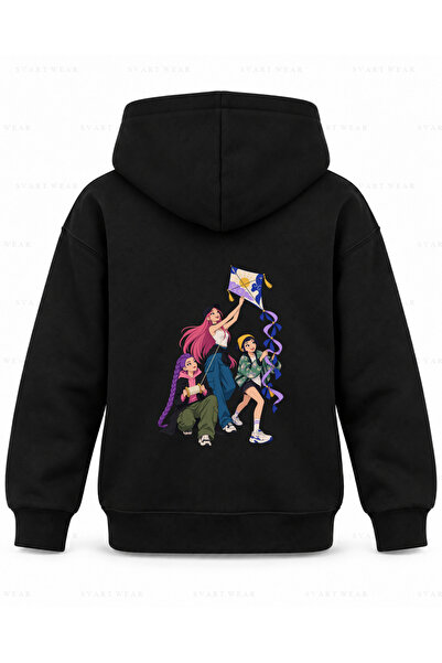 SVART WEAR KPop Demon Hunters Kite Friends Dukserica sa kapuljačom za decu, crna