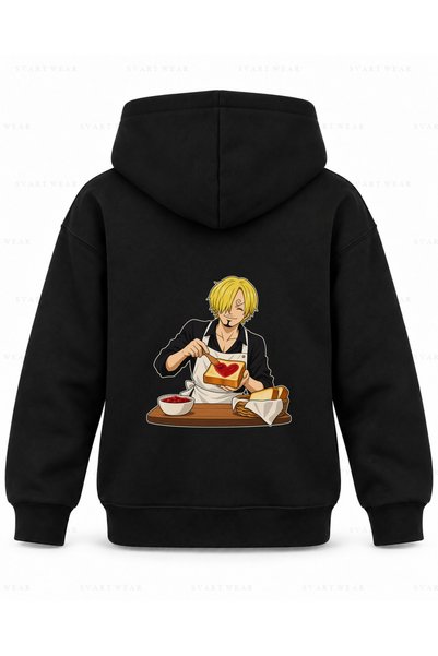 SVART WEAR سويت شيرت بقلنسوة للأطفال باللون الأسود مطبوع عليه شريحة خبز من قط...