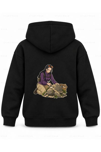 SVART WEAR One Piece Vintage Turtle Printed Black Kids Hooded Sweatshirt