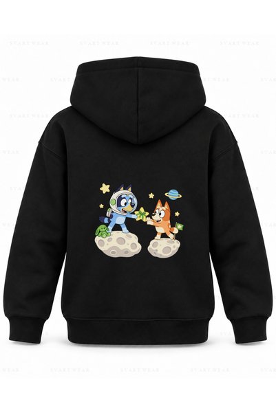SVART WEAR سويت شيرت بلوي سبيس بوستير أسود مطبوع للأطفال بغطاء للرأس