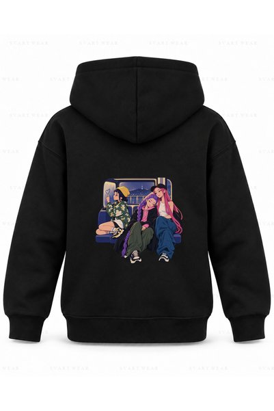 SVART WEAR KPop Demon Hunters majica sa kapuljačom za decu sa crnim printom p...