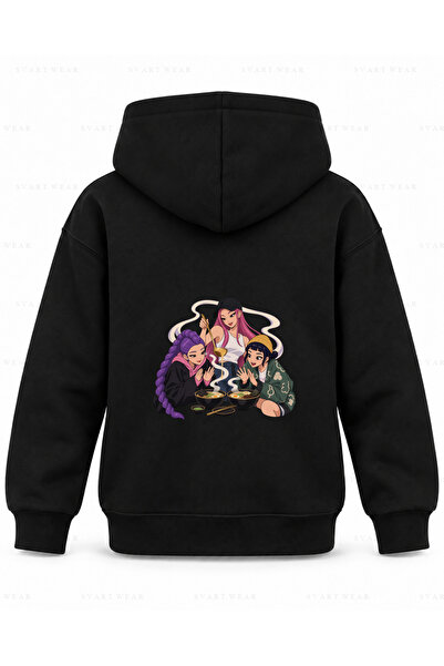 SVART WEAR KPop Demon Hunters Ramen Steam printana crna dječja majica sa kapu...