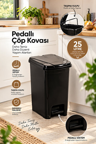 Porsima 0131-1 Slim Pedallı Çöp Kovası 25 Lt Siyah – Taşıma Kulplu İç Kovalı,...