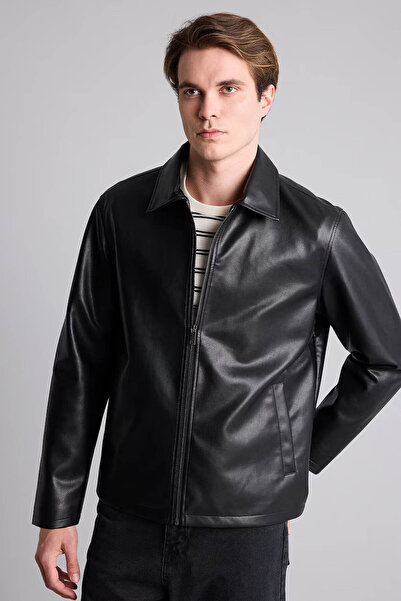 DeFacto Men's Leather Coat and Jacket E8888Ax/Bk27 Black