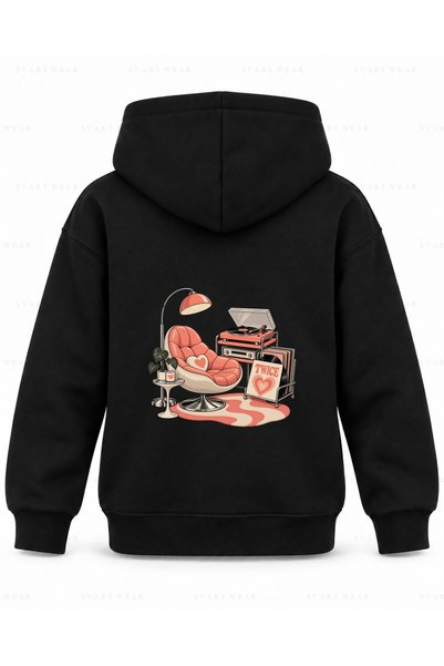 SVART WEAR Twice Listening Corner Printed Black Children's Hooded Sweatshirt