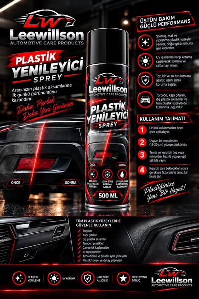 LeeWillson Plastik Yenileyici Sprey 500 ML Araç Torpido Tampon Trim Parlatıcı...