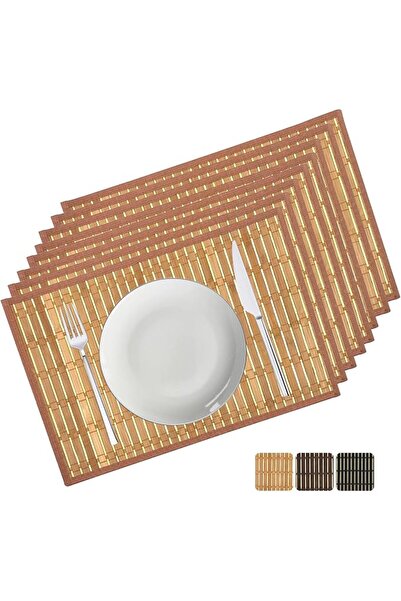 GENERAL Bamboo Placemats Set of 8, 17.7x11.8 Inch with Brown Fabric Border - ...
