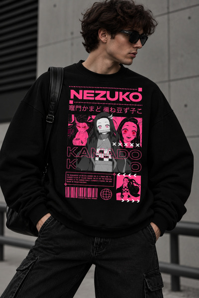 Dupe Design Demon Slayer Nezuko Kamado Pink Printed Unisex Oversize Black Swe...