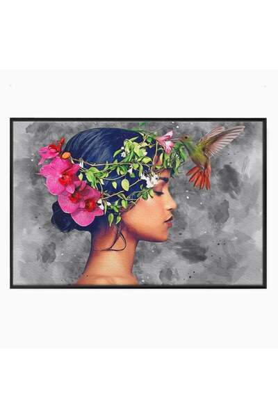 Luxcanva Tablou Canvas Fata si Pasarea Colibri 100x70 cm cu Rama Negru Fata s...