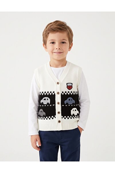 MiniKids Vesta cu masinute acrilic, alb-negru