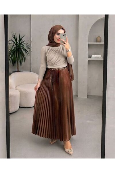 modapark.ist Double-Breasted Collared Blouse and Pleated Skirt Set