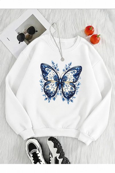 Trend Sizde Hanorac unisex cu imprimeu etnic cu fluturi, cu gâtul tip crewneck