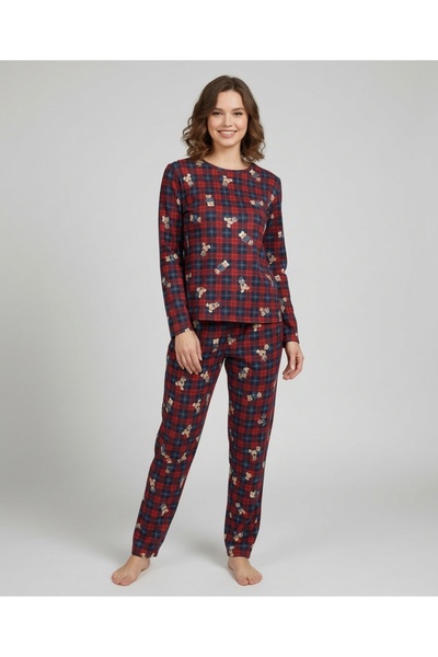 GOOD NİGHT Kadın Ekose ve Oyuncak Ayı Desenli Süet Pijama Takımı