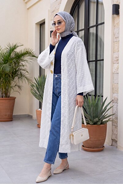 Modamorfo Brooch Detailed Embossed Polka Dot Patterned Jacquard Kimono with S...