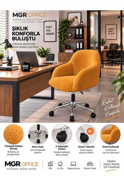 Mgr Office VEYRA Teddy Kumaş Çalışma Sandalyesi – 5 Tekerlekli Krom Ayaklı Ko...