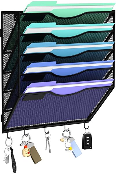 GENERAL Gawerk 5-Tier Wall File Organizer Mesh Pocket Organizer with 5 Hooks,...