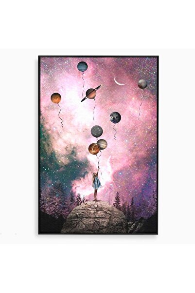 Luxcanva Tablou Canvas Fetita si Planetele 80x120 cm cu Rama Negru Fetita si ...