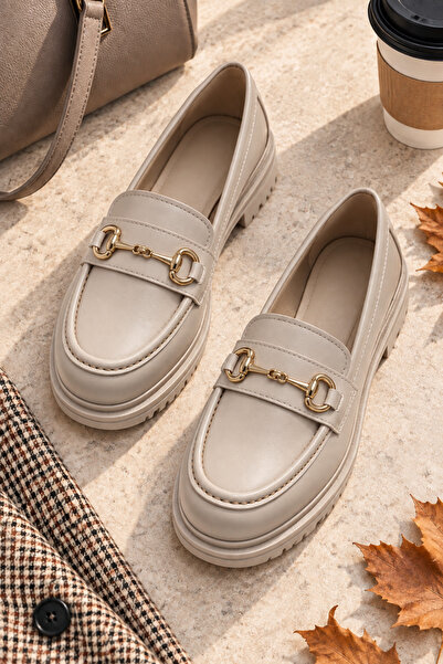 VestioStore Arven Bej Mat Tokalı Kalın Ortopedik Fuspet Taban Kadın Loafer Ay...