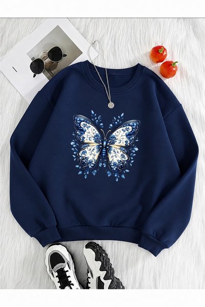 Trend Sizde Hanorac unisex cu imprimeu etnic cu fluturi, cu gâtul tip crewneck