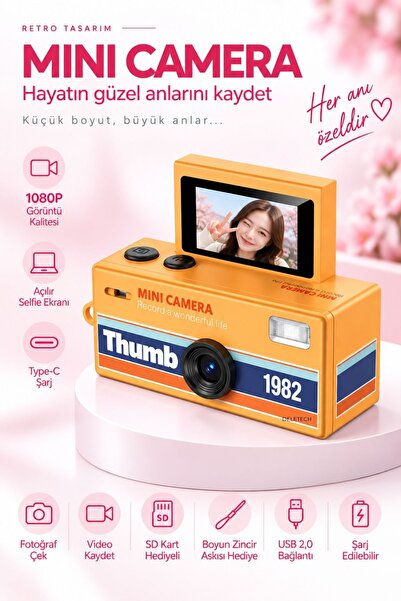 Retro Mini Dijital Fotoğraf Makinesi 48MP 1080P – Dönebilir Ekran, Type-C, SD Kart Hediyeli