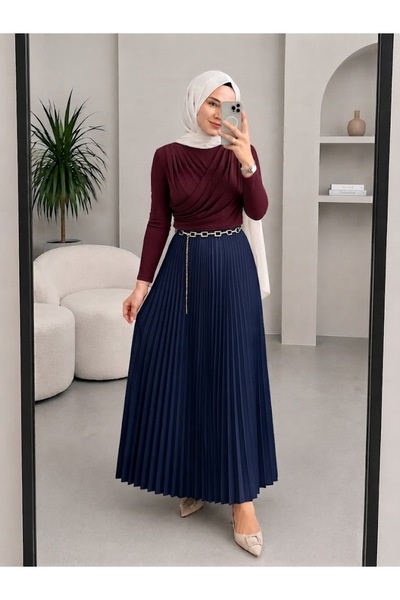 modapark.ist Double-Breasted Collared Blouse and Pleated Skirt Set