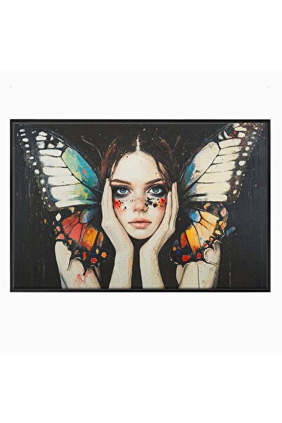 Luxcanva Tablou Canvas Fata Fluture 60x40 cm cu Rama Negru Fata Fluture Metam...