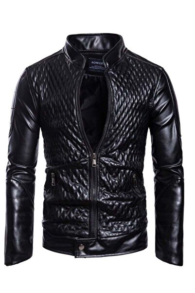 AOWOFS Men's standing collar leather jacket, autumn and winter motorcycle jac...