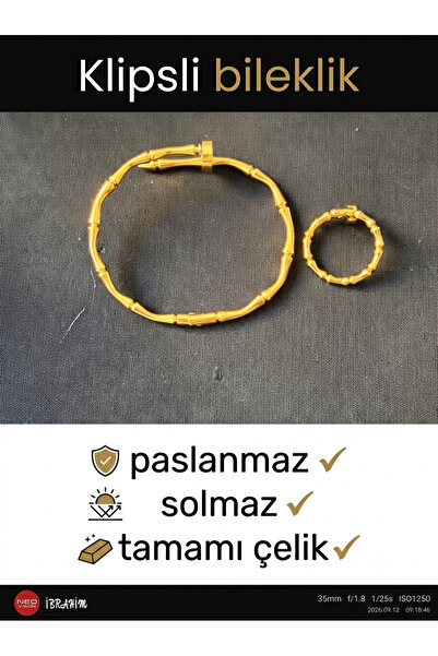 ASLANKAR Bileklik ve yüzük 2 li set çelik altın rengi solmaz kararmaz paslanm...