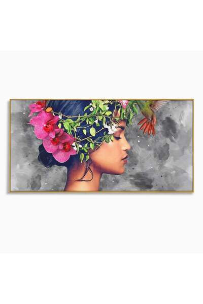 Luxcanva Tablou Canvas Fata si Pasarea Colibri 140x70 cm cu Rama Auriu Fata s...