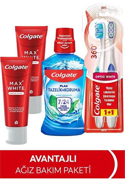 Colgate Max White 75 ml x2 + 360 Optik Beyaz Diş Fırçası + Plax Nane 500 ml A...