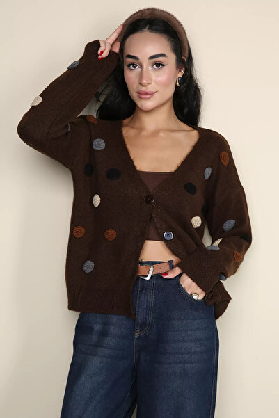 TOZLU Brown Rose Women's Speckled Patterned Polka Dot Knitwear Jacket