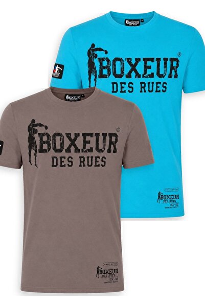 Boxeur Des Rues Tricou bărbătesc, pachet de 2, Boxeur des Rues: Gri taupe cu logo negru + Turcoaz cu logo negru