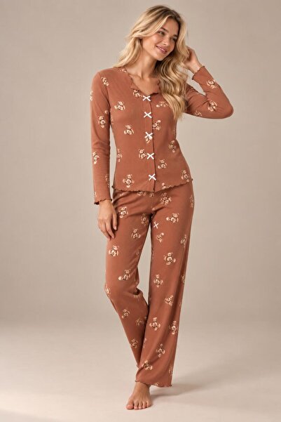 cotonhause Kadın Uzun Kol Kaşkorse Fiyonklu Kahve Pijama Takımı C8T4N807