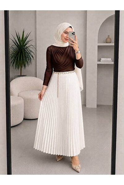 modapark.ist Double-Breasted Collared Blouse and Pleated Skirt Set