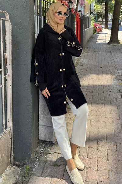 TOZLU Black Gülseli Hooded Hijab Knitwear Jacket Cardigan