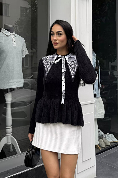 TOZLU بلوزة تريكو نسائية من Black Gülseli مع وشاح ياقة