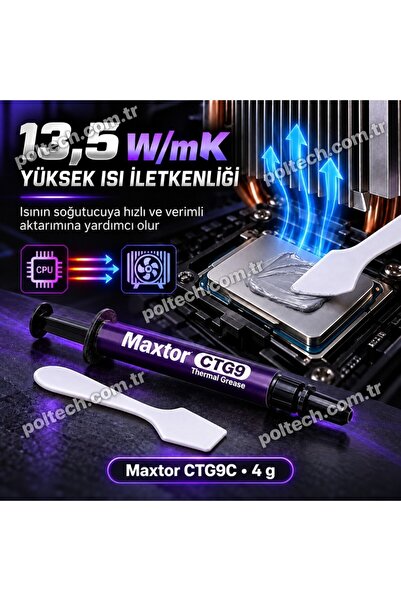 PrimeX Plus Maxtor CTG9C 4Gr 13.5 W/mK Yüksek Performanslı Termal Macun, CPU GPU İşlemci Ekran Kartı İçin, Intel AMD Ryzen NVIDIA Uyumlu Thermal Grease, Spatula ve Temizleme Mendilli