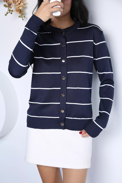 TOZLU Navy Blue Women's Striped Knitwear Cardigan
