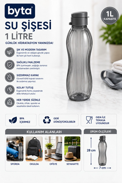 BYTA 1 Litre Sızdırmaz Su Şişesi Matara BPA İçermez Ergonomik Tasarım Spor Ok...