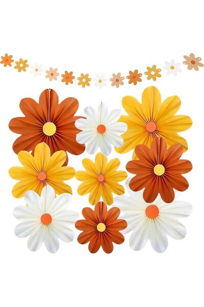 GENERAL Pack of 9 Paper Fan Decoration, Orange Yellow Beige Paper Flowers for...