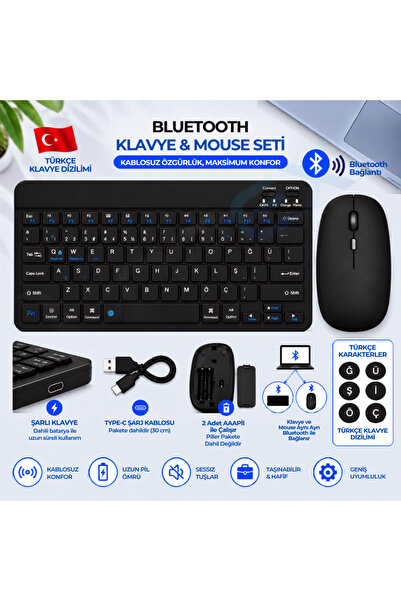 VOREX PL-388 Bluetooth Türkçe Q Mini Klavye Mouse Seti Şarjlı Klavye Pilli Mouse