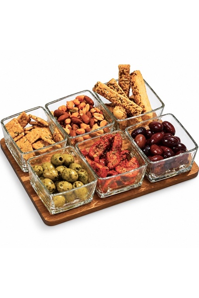 PUFO Set of 6 glass bowls for tapas with wooden tray – serving set for appeti...
