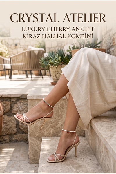 Crystal Atelier سوار كاحل نسائي فاخر مصنوع يدويًا من الخرز الأحمر والأبيض بتف...