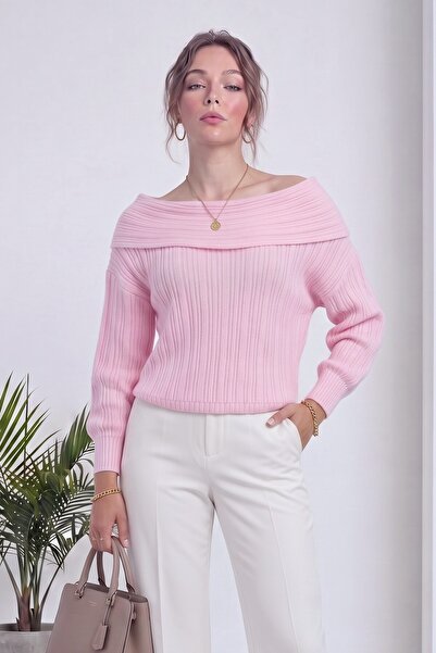 zks grup tekstil Women's Madonna Collar Off Shoulder Ribbed Knitwear Blouse S...