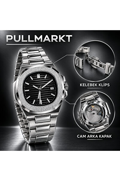pullmarkt ساعة يد رجالية - زجاج خلفي - مشبك على شكل فراشة - ساعة يد رجالية